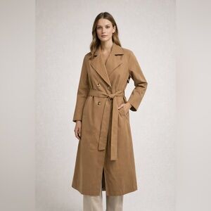 Women’s Vintage Camel Trench Coat Minimalist Belted Double Breasted Long Coat LG